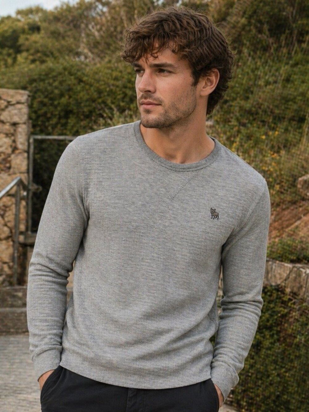 Y2K Ruehl No.925 Sz L Abercrombie & Fitch Waffle Knit Thermal Bulldog Gray Shirt